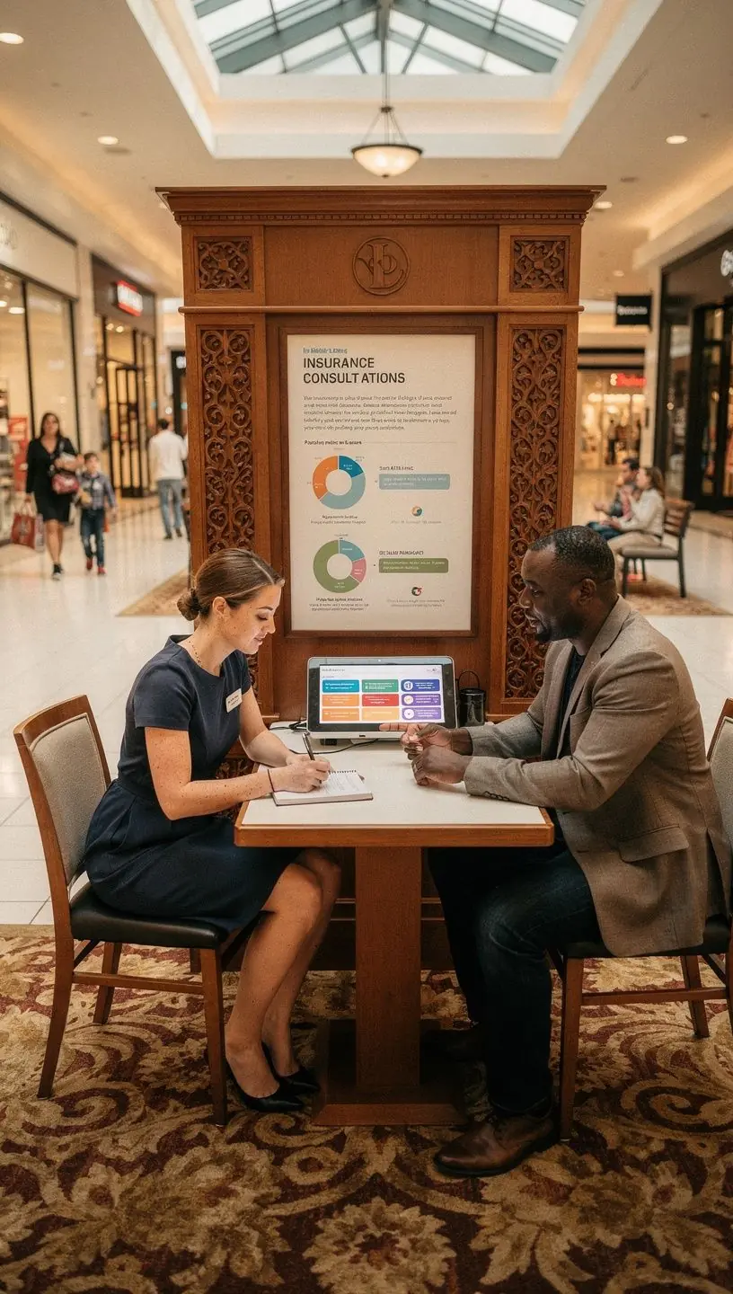 Стильный киоск консультации по автострахованию в торговом центре с профессиональным консультантом, помогающим клиентам сравнивать полисы.