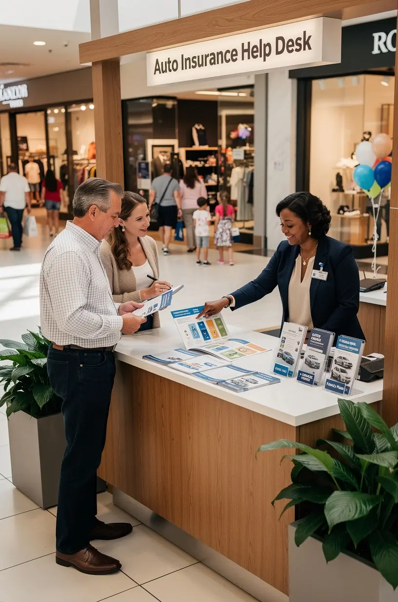 Эксперт объясняет различные варианты автостраховки на интерактивном дисплее в стенде офлайн консультаций.