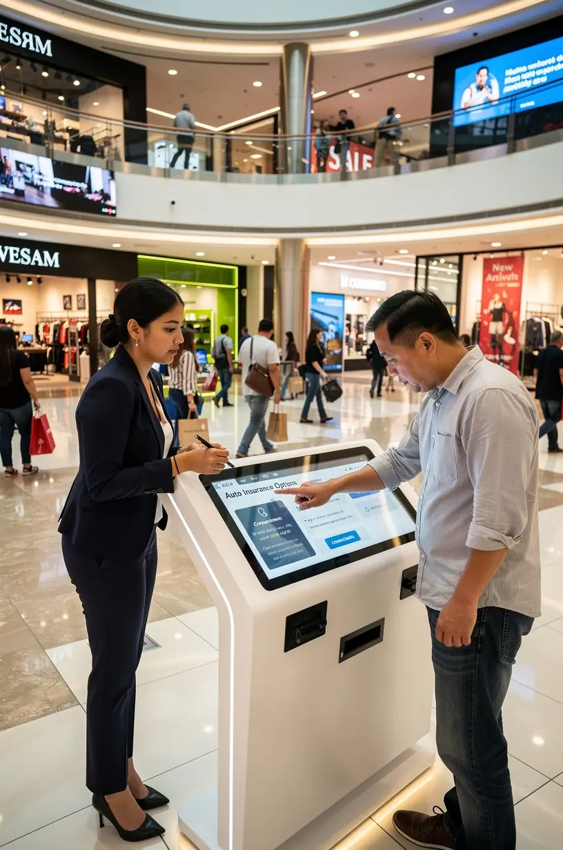 Посетитель торгового центра получает персонализированные рекомендации по выбору автостраховки от квалифицированного специалиста.